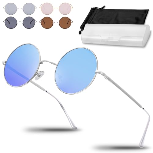 Netrox® Runde Sonnenbrille im Retro-Stil | UV400-Schutz Linsen | Unisex Brille inkl. Etui und Microfaserbeutel | Vintage 70er Metallrahmen mit verspiegeltem Glas - blau von Netrox