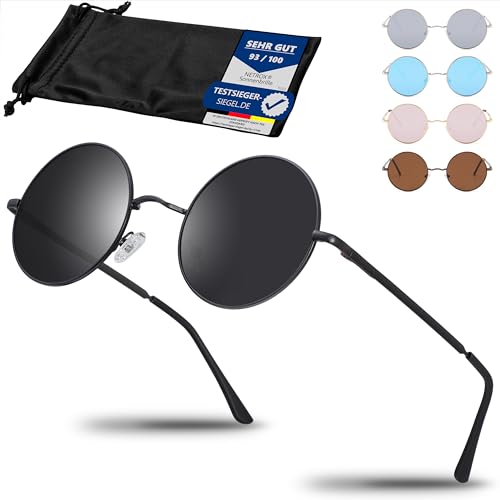 Netrox® Runde Sonnenbrille im Retro-Stil | UV400-Schutz Linsen | Unisex Brille inkl. Etui und Microfaserbeutel | Vintage 70er Metallrahmen mit verspiegeltem Glas - Schwarz Schwarz von Netrox