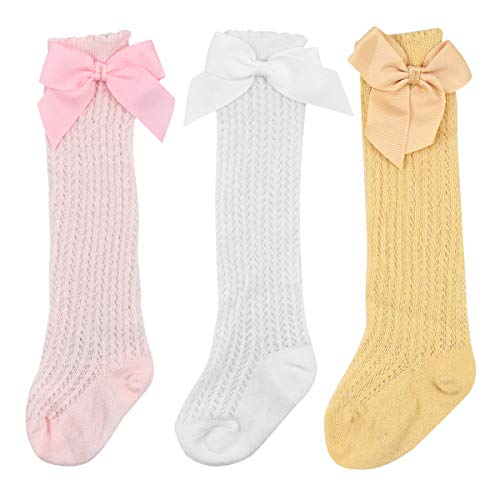 Baby Mädchen Socken Kinder Kniestrümpfe, Baumwolle Kleinkind Säugling Neugeborenes Strickgitter Overknees Strümpfe Lange Socken Sommersocken mit Süße Schleifen für Baby Kinder Geburtstag 0-3 Jahren von Netspower