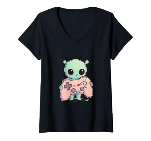 Damen Kawaii Alien mit Gamecontroller – Gaming Nerd Design T-Shirt mit V-Ausschnitt Damen Kawaii Alien mit Gamecontroller – Gaming Nerd Design T-Shirt mit V-Ausschnitt von Netter Alien Gamer - Nerd & Streaming -Stil