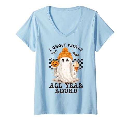 Damen Ich Habe die ganzen ganzjährigen, gruseligen T-Shirt mit V-Ausschnitt von Netter Geist mit Pumkin und Herbstgetränkendesign