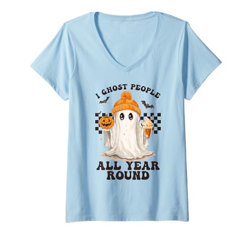 Damen Ich Habe die ganzen ganzjährigen, gruseligen T-Shirt mit V-Ausschnitt Damen Ich Habe die ganzen ganzjährigen, gruseligen T-Shirt mit V-Ausschnitt von Netter Geist mit Pumkin und Herbstgetränkendesign