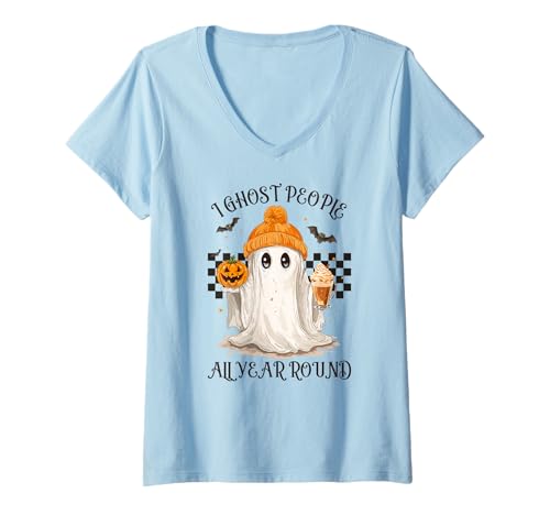 Damen Ich Habe die ganzen ganzjährigen, gruseligen T-Shirt mit V-Ausschnitt Damen Ich Habe die ganzen ganzjährigen, gruseligen T-Shirt mit V-Ausschnitt von Netter Geist mit Pumkin und Herbstgetränkendesign