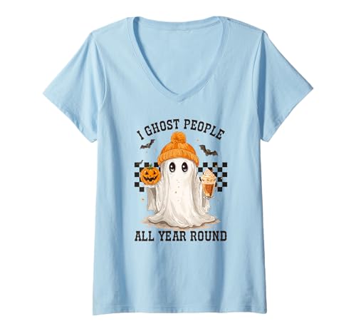 Damen Ich Habe die ganzen ganzjährigen, gruseligen T-Shirt mit V-Ausschnitt Damen Ich Habe die ganzen ganzjährigen, gruseligen T-Shirt mit V-Ausschnitt von Netter Geist mit Pumkin und Herbstgetränkendesign
