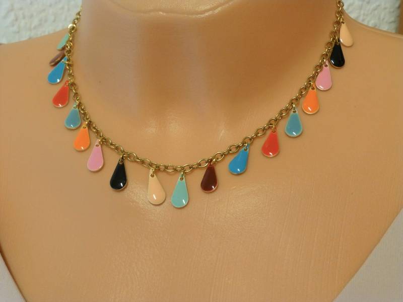 Bettelkette Gold Emaille-Tropfen Regenbogen, Bunte Halskette Verstellbar von NettesSchmuckshop