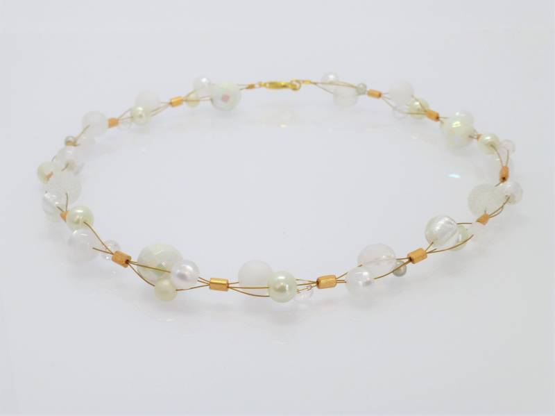 Halskette "Bubbles" Weiß-Gold, Glasperlencollier von NettesSchmuckshop