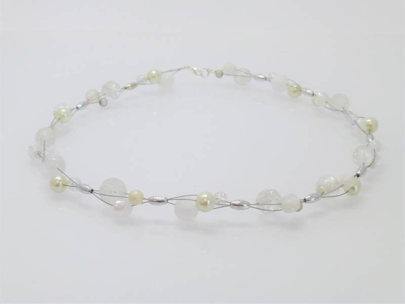 Halskette "Bubbles" Weiß-Silber, Glasperlencollier von NettesSchmuckshop