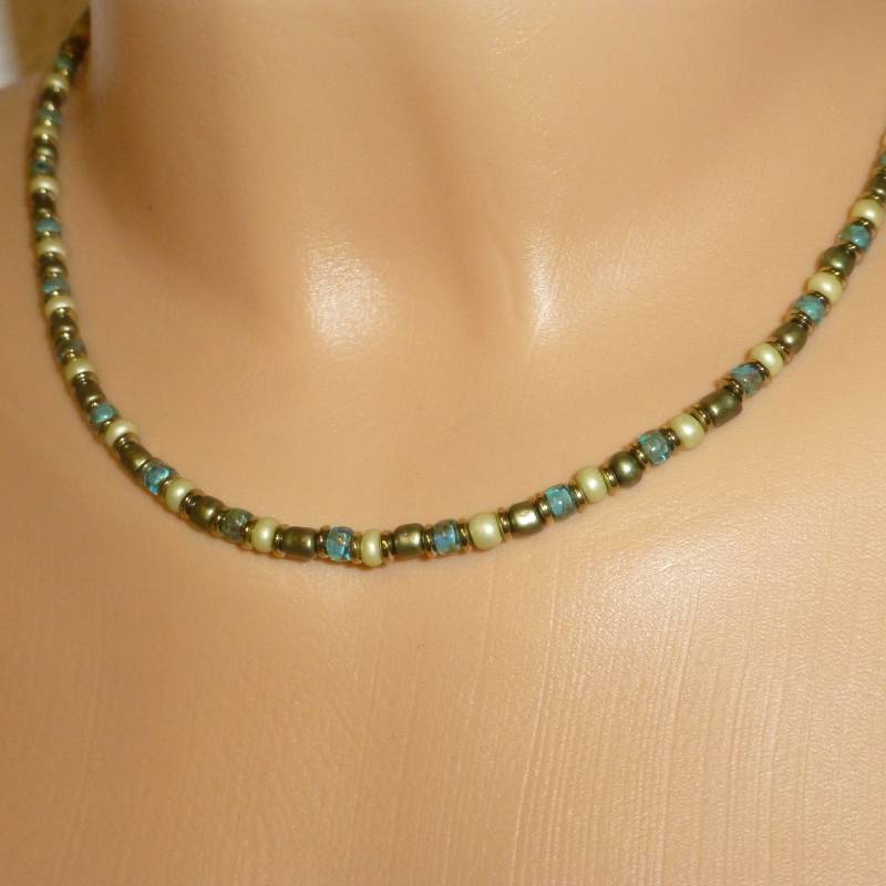 Halskette Glasperlen Rondelle Olivgrün-Gold Magnetverschluss von NettesSchmuckshop