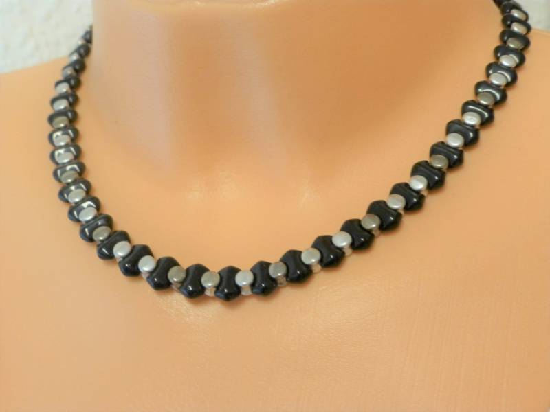 Halskette Glasperlen Schwarz-Silber, Glasperlencollier von NettesSchmuckshop