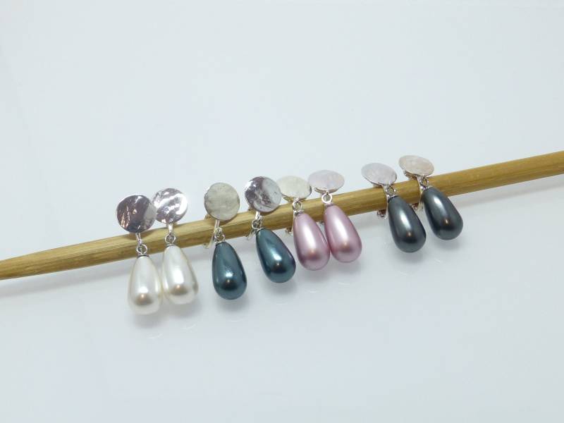 Lange Ohrclips Versilbert Perlentropfen 15x8 von NettesSchmuckshop