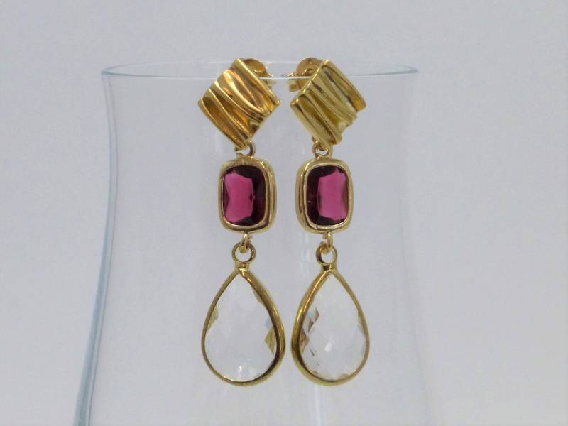 Lange Ohrstecker Gold Mit Kristalltropfen Dunkelrot Und Klar von NettesSchmuckshop