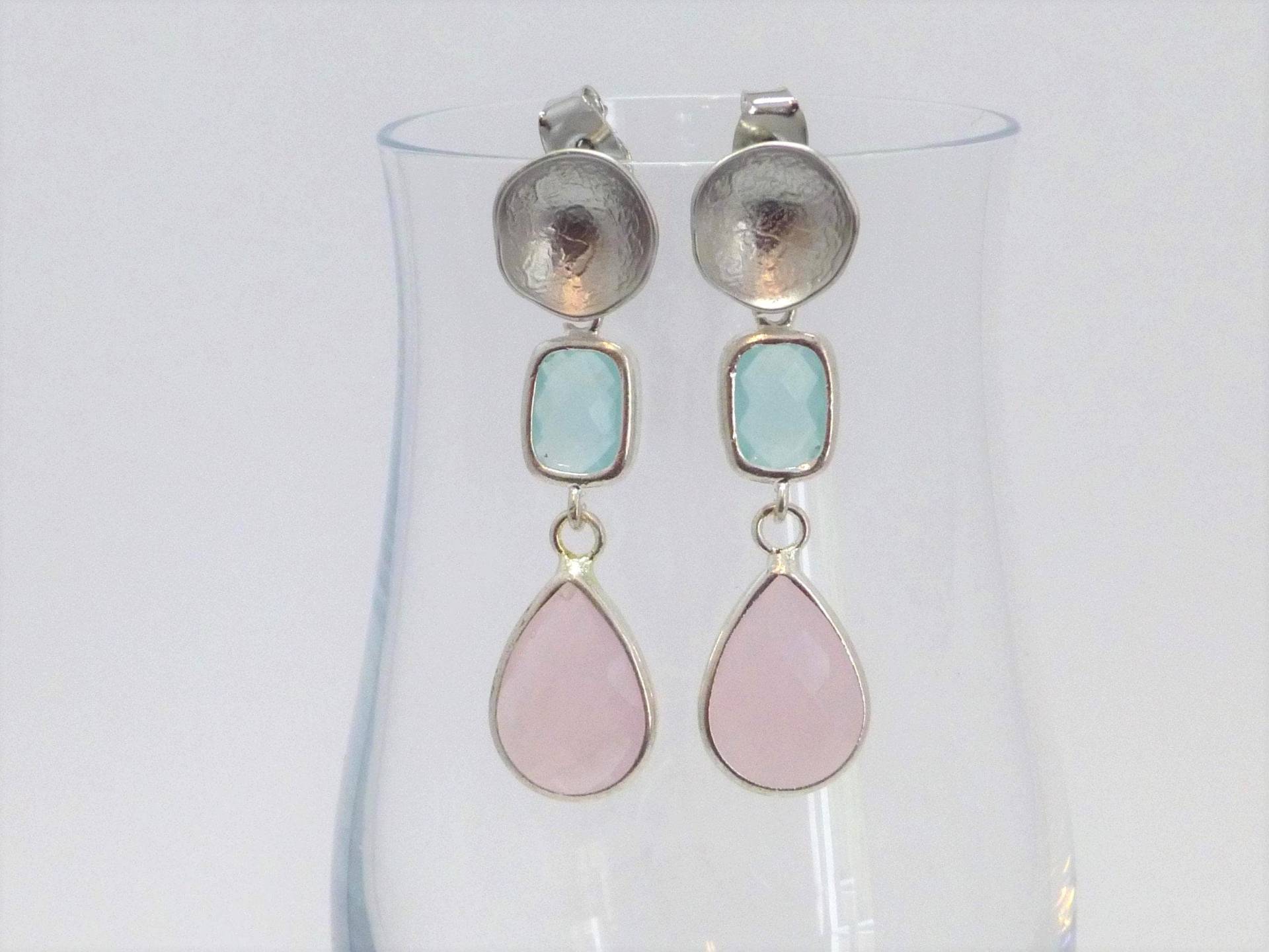 Lange Ohrstecker Silber Mit Kristalltropfen Rosa Opal Und Aqua von NettesSchmuckshop