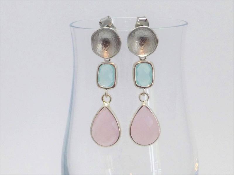 Lange Ohrstecker Silber Mit Kristalltropfen Rosa Opal Und Aqua von NettesSchmuckshop