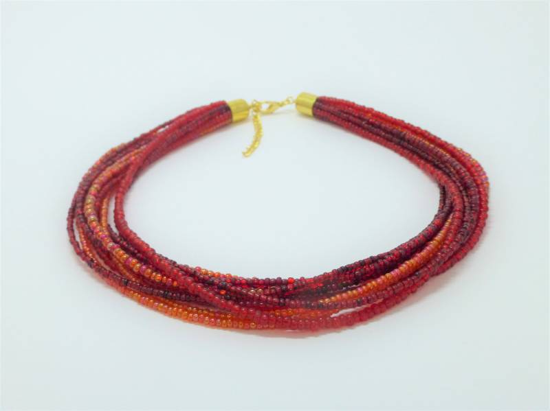 Multi-strang-Kette 12-Reihig Rot-Orange, Glasperlencollier von NettesSchmuckshop