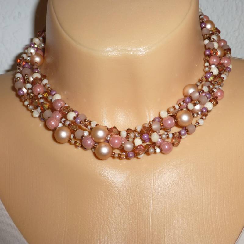 Multi-strang-Kette Puder-Altrosa-Bronze, Glasperlencollier Multi-strang-Kette Puder-Altrosa-Bronze, Glasperlencollier von NettesSchmuckshop
