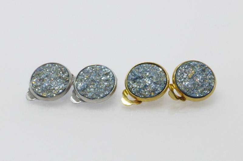 Ohrclips Druzy Cabochon 12mm Blau Glitzer Edelstahl Silber Gold von NettesSchmuckshop