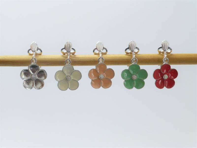 Ohrclips Emaille-Blume Bunt Silber Weiß Rot Grün Apricot von NettesSchmuckshop