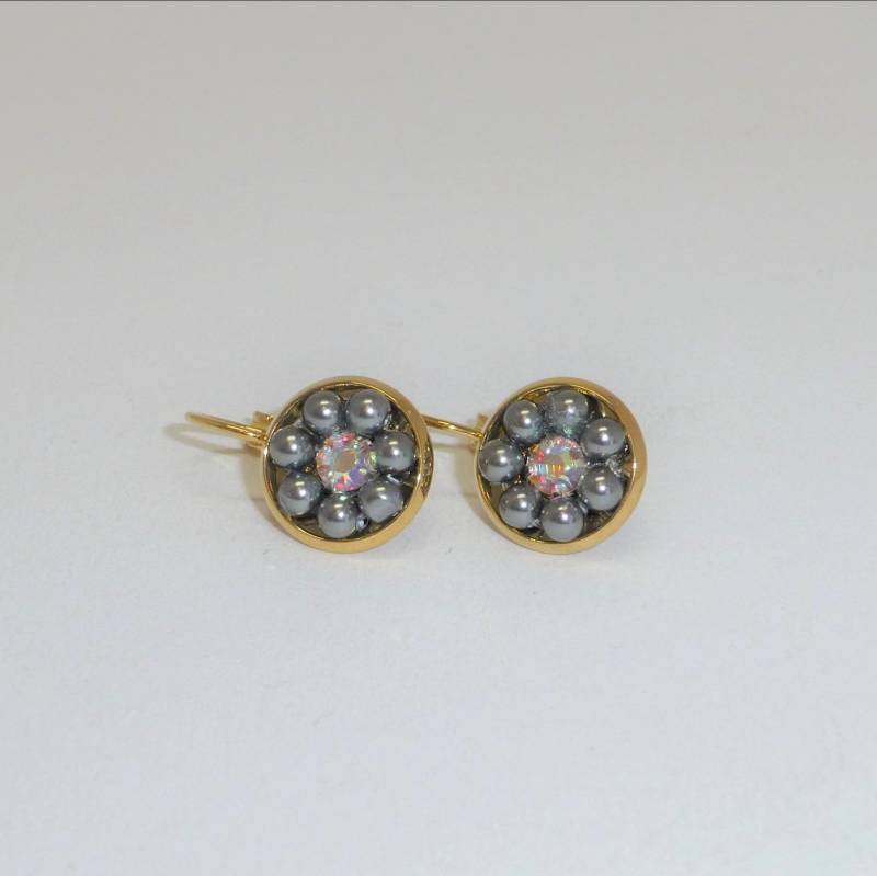 Ohrringe Edelstahl Vergoldet Perlen Kristall Grau Weiß von NettesSchmuckshop