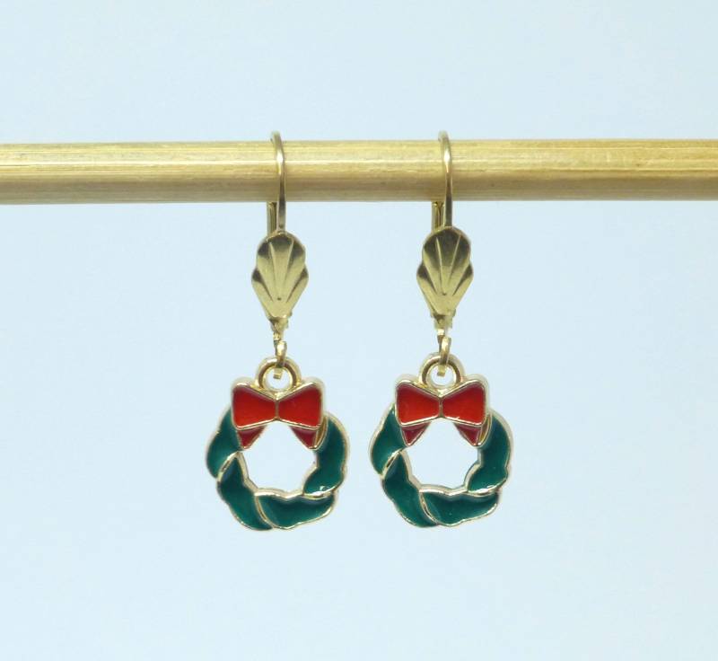 Ohrringe Emaille Weihnachtskranz Edelstahl Gold von NettesSchmuckshop