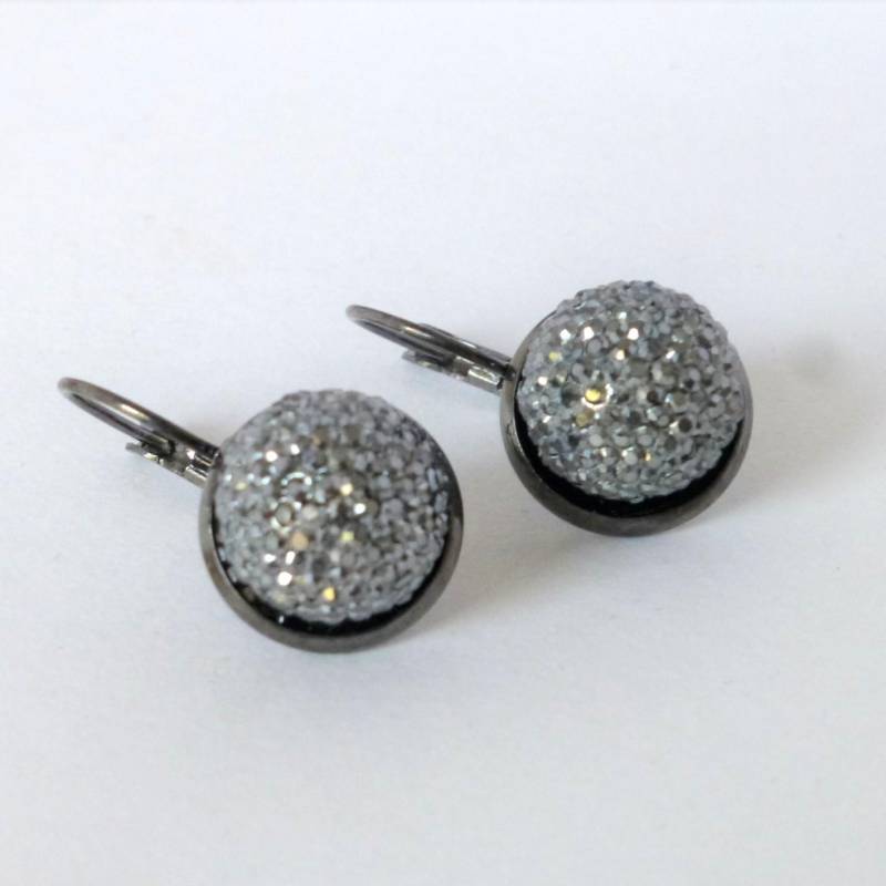 Ohrringe Schwarz Mit Resin-Cabochon Halbkugel Grau Glitzer von NettesSchmuckshop