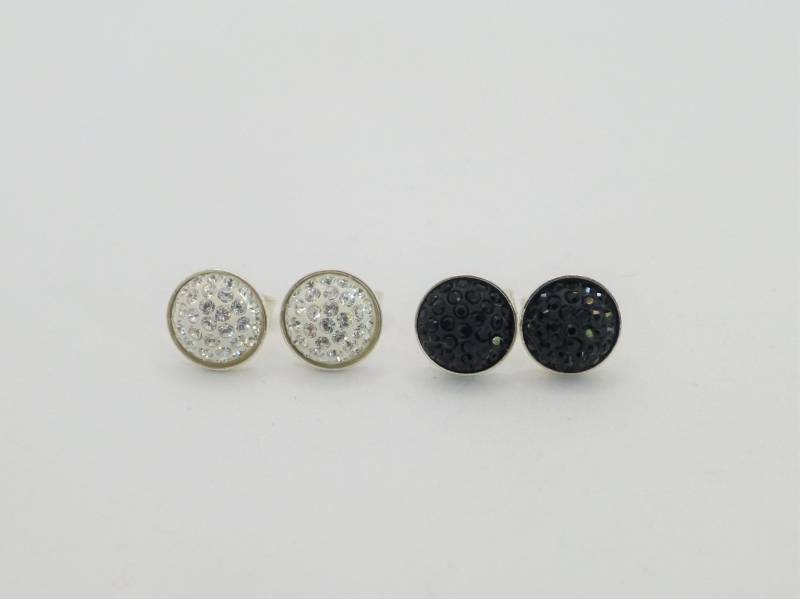 Ohrstecker Silber Pavé-strass Cabochon 8mm Schwarz Weiß 925, Kristallohrstecker von NettesSchmuckshop