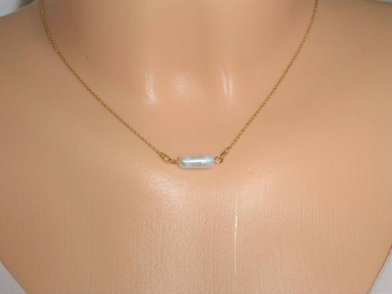 Halskette Gold Biwa-Zuchtperle Walze Weiß, Perlenkette, Brautschmuck Halskette Gold Biwa-Zuchtperle Walze Weiß, Perlenkette, Brautschmuck von NettesSchmuckwerk