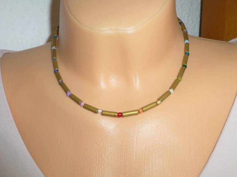 Halskette Hämatit Walzen Gold Matt Mit Glasperlen Regenbogen von NettesSchmuckwerk