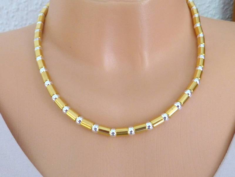 Halskette Tubes Gold Mit Hämatit 6mm Silber, Kette Bicolor von NettesSchmuckwerk