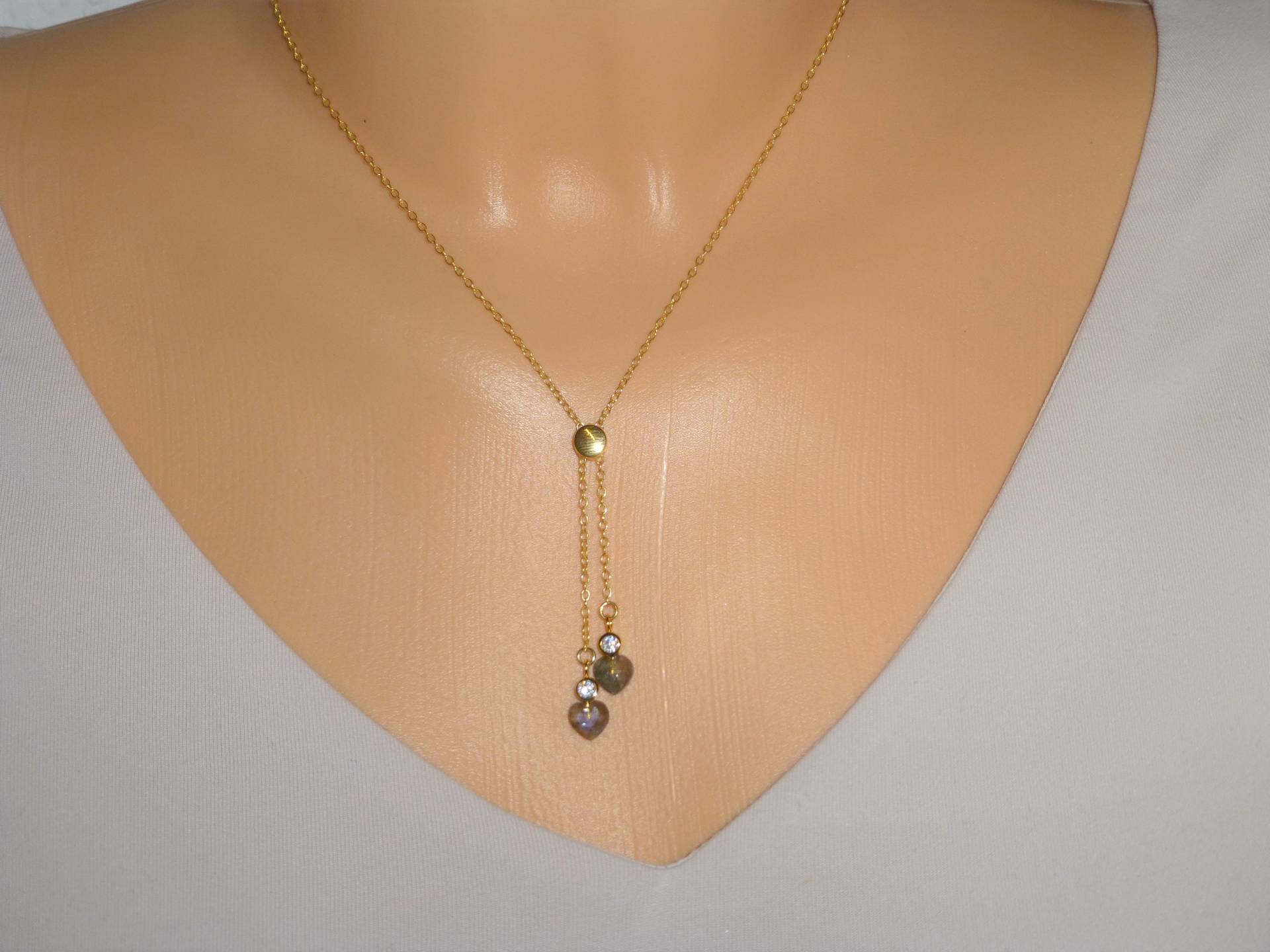 Halskette Y-Kette Gold Labradorit Herz-Anhänger, Lariatkette von NettesSchmuckwerk