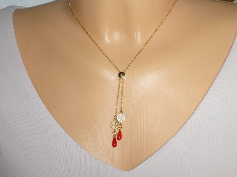 Halskette Y-Kette Gold Tropfen-Anhänger Koralle Und Zirkonia, Lariatkette von NettesSchmuckwerk