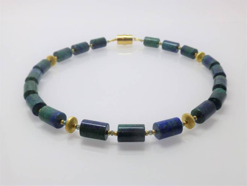 Kette Azurit-Malachit Walzen 10x15 Mit Gold, Edelsteinkette von NettesSchmuckwerk