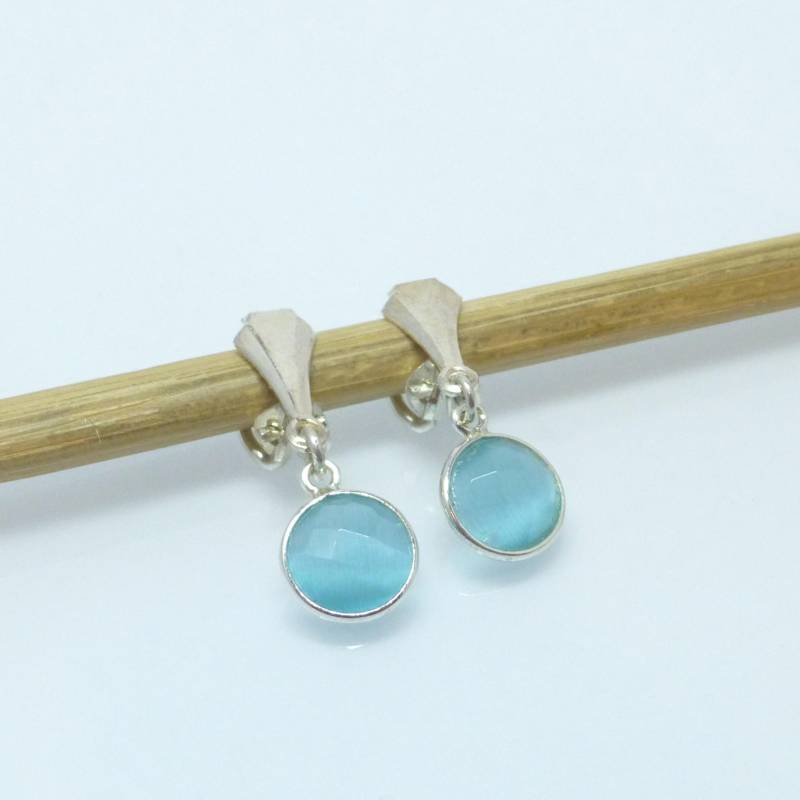 Lange Ohrclips Silber 925 Mit Anhänger Katzenauge Hellblau von NettesSchmuckwerk