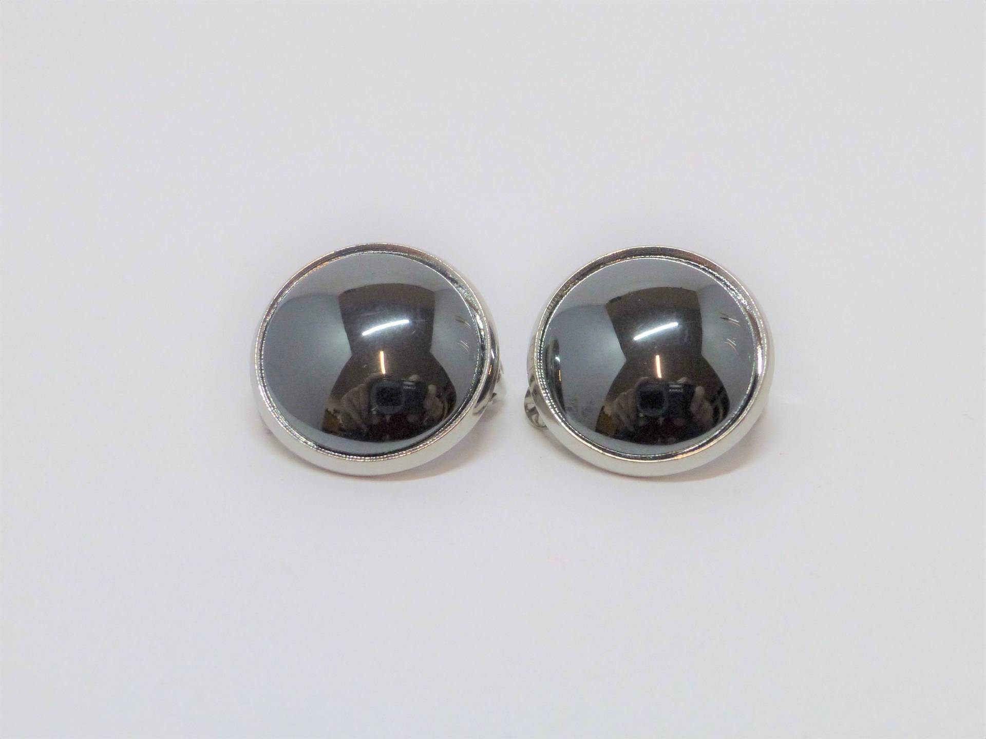 Ohrclips Hämatit Cabochon 14mm Anthrazit Silber, Edelsteinohrclips von NettesSchmuckwerk
