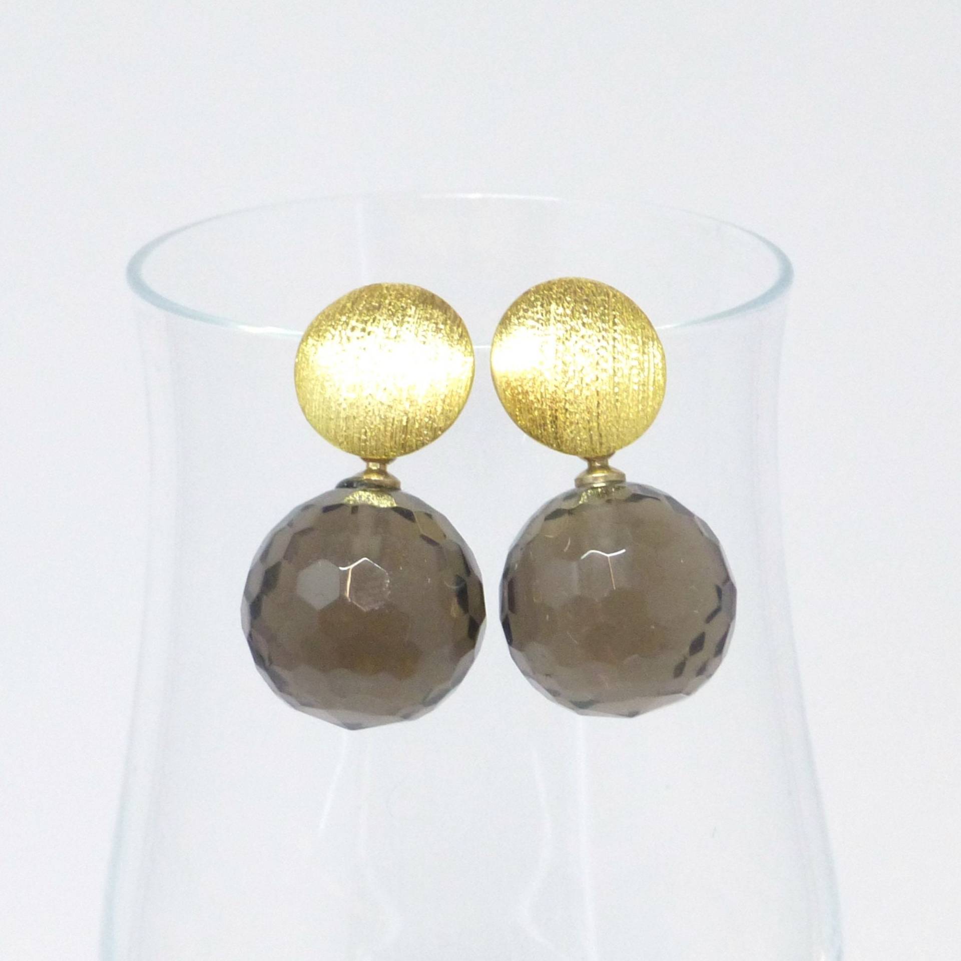 Ohrstecker Gold Rauchquarz Kugel 14mm Facettiert, Edelsteinohrringe von NettesSchmuckwerk