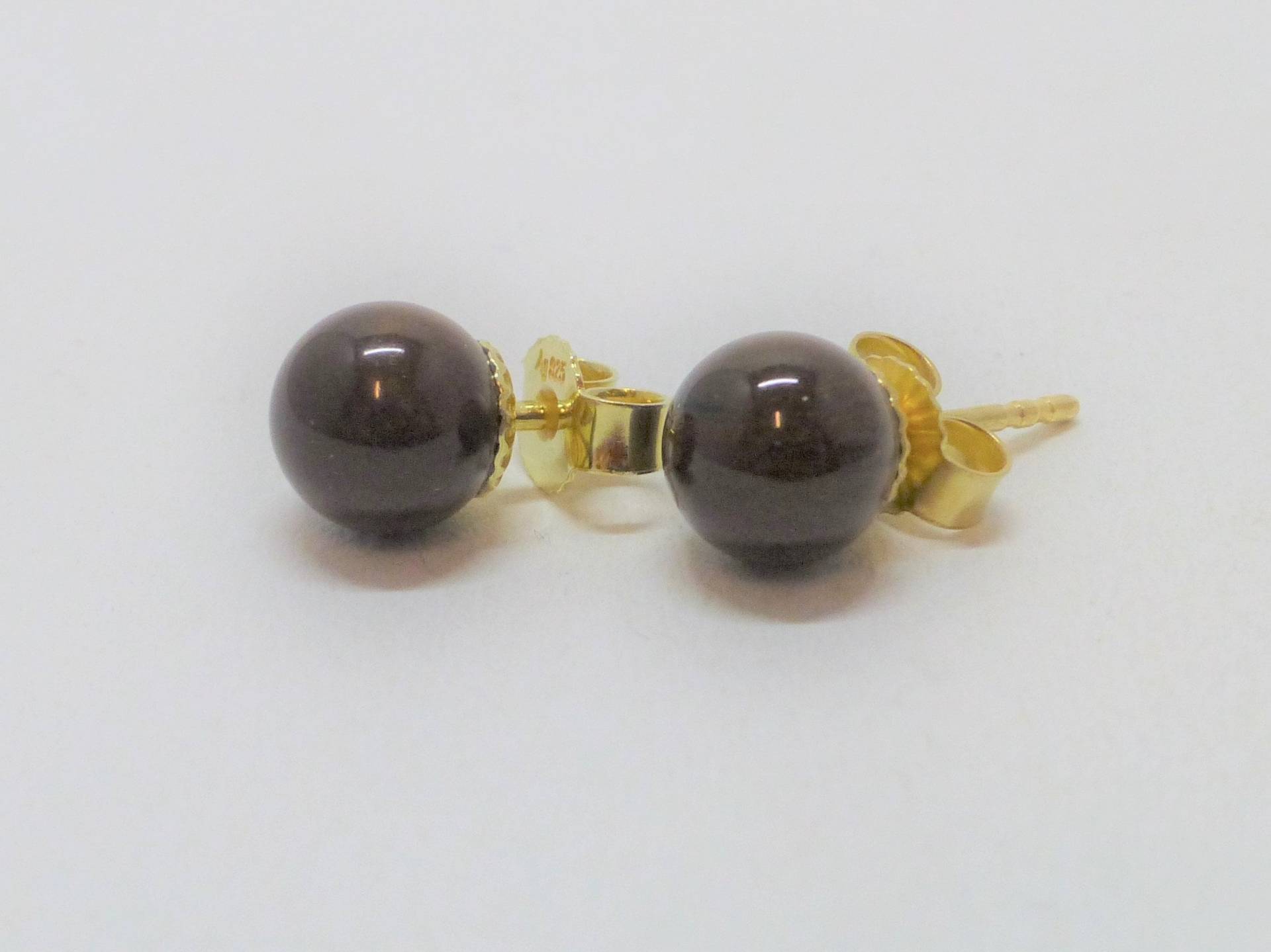 Ohrstecker Obsidian Kugel 7, 5mm Dunkelbraun 925 Gold von NettesSchmuckwerk