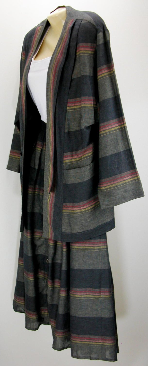 Vintage 1980S Rock-Anzug Baumwolle Leinen Rock-Anzug Erd-Ton Gestreift, West Germany von Nettetiques