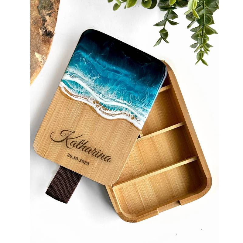 Personalisiertes Schmuckkästchen - Ozean Epoxidharz Mit Gravur 20x14cm| Strandliebhaber |Box |Resinart |Geschenkidee von NeuHausDE