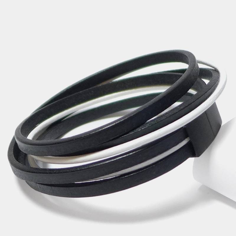 Herren Wickelarmband - Schwarz Weiß, Doppelarmband Aus Leder Magnetverschluss Edelstahl Bicolor Design, Modernes Accessoire Für Männer von NeueGeneration