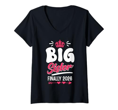 Damen Bald Schwester Big SIS Finally 2026 Lustiges Geschwister T-Shirt mit V-Ausschnitt von Neues Baby Geschenk Nachwuchs T-Shirt Familie Set