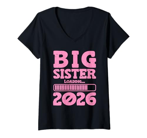 Damen Bald Schwester Big SIS Loading 2026 Lustig Schwester T-Shirt mit V-Ausschnitt von Neues Baby Geschenk Nachwuchs T-Shirt Familie Set