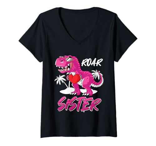 Damen Geschwister Roar Sister Lustiges Schwestern T-Shirt mit V-Ausschnitt von Neues Baby Geschenk Nachwuchs T-Shirt Familie Set
