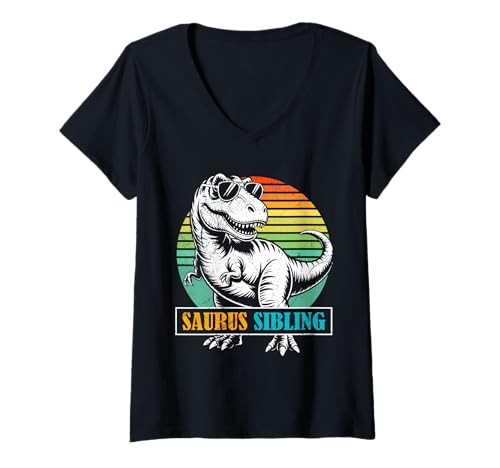 Damen Nachwuchs Saurus Sibling Neues Baby Lustig Brüder T-Shirt mit V-Ausschnitt von Neues Baby Geschenk Nachwuchs T-Shirt Familie Set