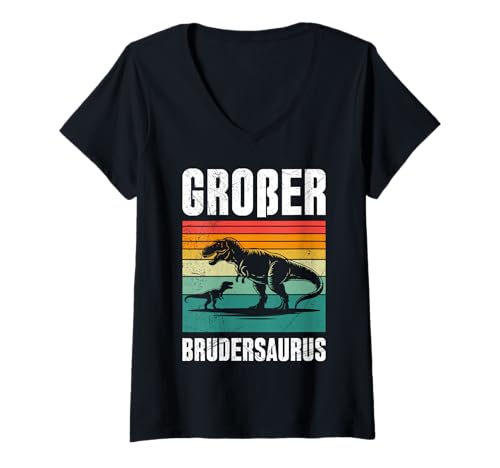 Damen Neues Baby GROSSER BRUDERSAURUS Lustiges Brüder T-Shirt mit V-Ausschnitt von Neues Baby Geschenk Nachwuchs T-Shirt Familie Set