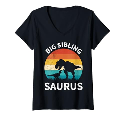 Damen Neues Baby GROSSER BRUDERSAURUS Lustiges Brüder T-Shirt mit V-Ausschnitt von Neues Baby Geschenk Nachwuchs T-Shirt Familie Set