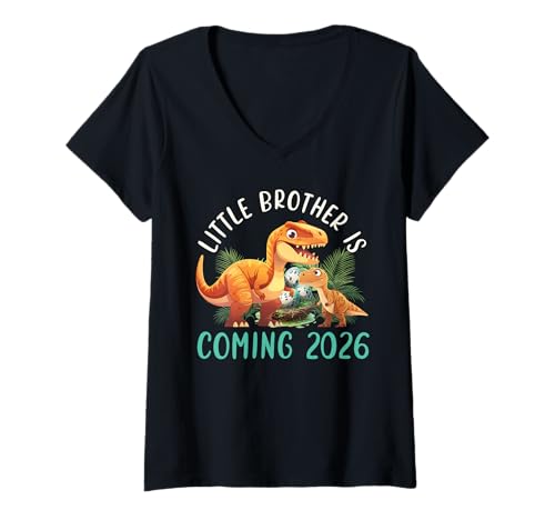 Damen Neues Baby Little Brother is Coming 2026 Lustig Brüder T-Shirt mit V-Ausschnitt von Neues Baby Geschenk Nachwuchs T-Shirt Familie Set