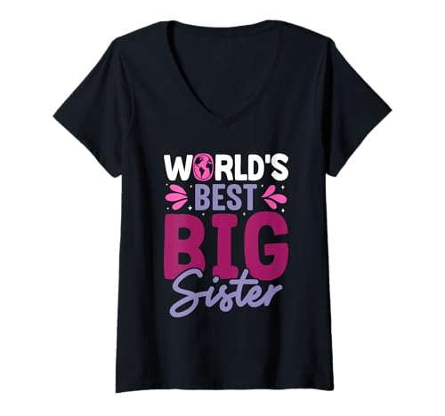 Damen Schwestern World's Best Big SIS Lustiges Geschwister T-Shirt mit V-Ausschnitt von Neues Baby Geschenk Nachwuchs T-Shirt Familie Set