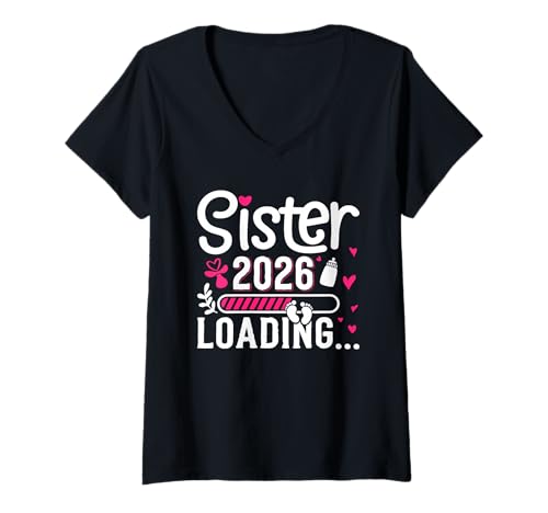 Damen Zukünftige Schwester Sister Loading 2026 Lustig Schwestern T-Shirt mit V-Ausschnitt von Neues Baby Geschenk Nachwuchs T-Shirt Familie Set