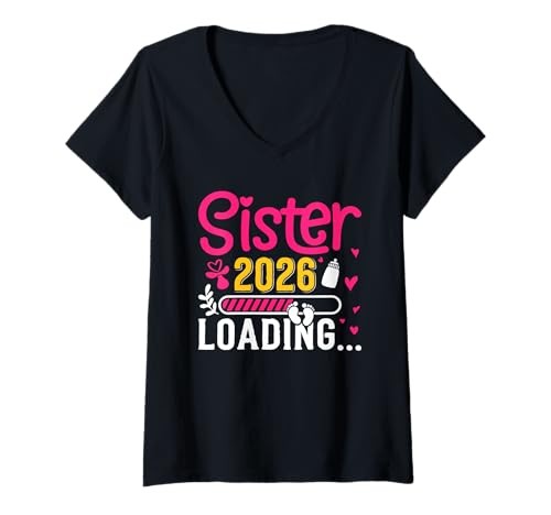 Damen Zukünftige Schwester Sister Loading 2026 Lustig Schwestern T-Shirt mit V-Ausschnitt von Neues Baby Geschenk Nachwuchs T-Shirt Familie Set