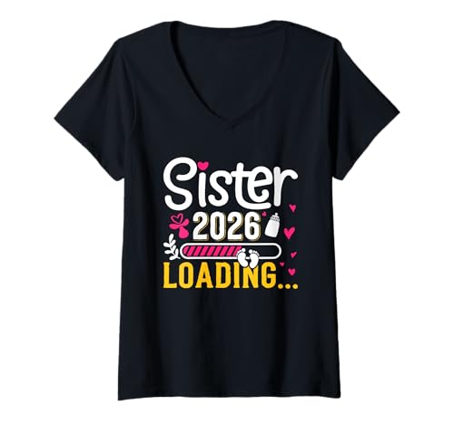 Damen Zukünftige Schwester Sister Loading 2026 Lustig Schwestern T-Shirt mit V-Ausschnitt von Neues Baby Geschenk Nachwuchs T-Shirt Familie Set
