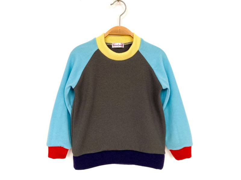 Kinderpullover Größe 104 Grau Türkis Bunt 100%merinowolle/Upcycling Wollpullover Für Kinder Colorblockpullover Raglanpullover Unikat von NeuesAusAltemGewand